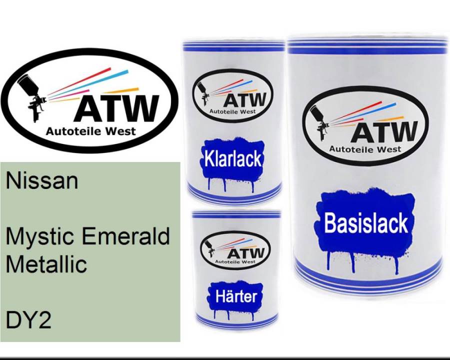 Nissan, Mystic Emerald Metallic, DY2: 500ml Lackdose + 500ml Klarlack + 250ml Härter - Set, von ATW Autoteile West.